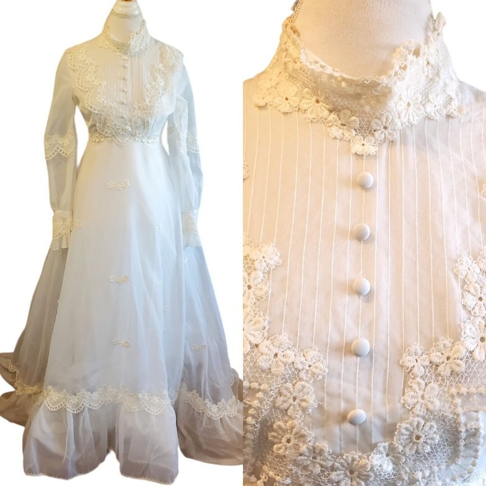 Vintage 70s Prairie Lace Wedding Dress Edwardian Victorian Pioneer Sheer Puff